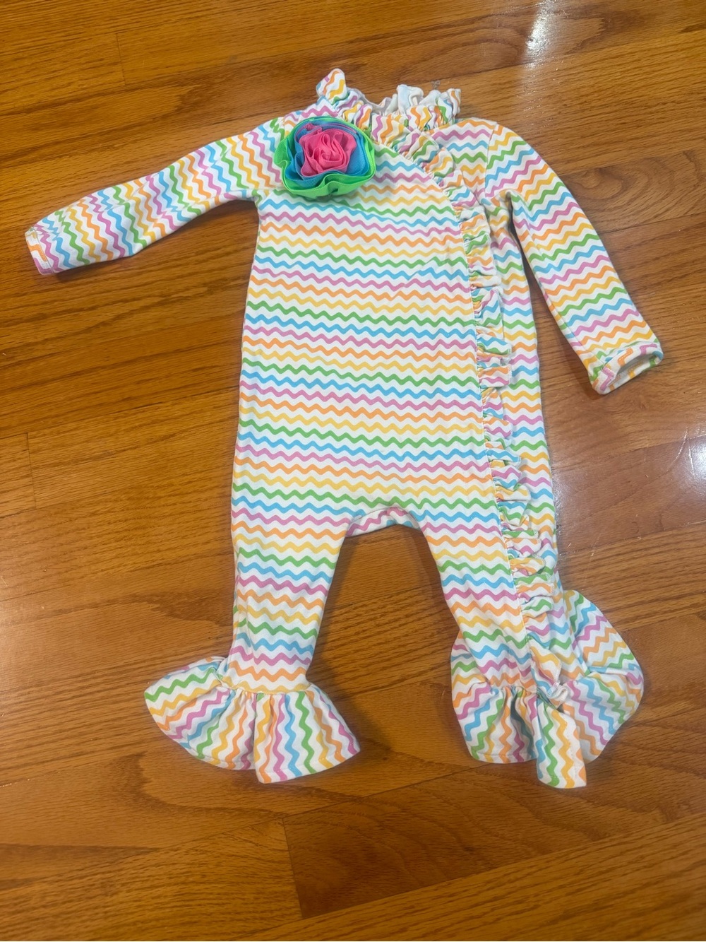 Mud Pie Girls Rainbow Chevron Ruffle One-Piece with Flower Accent